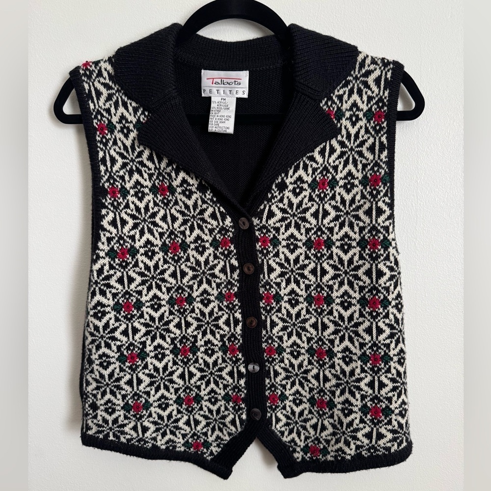 Talbots Black and White Cardigan with Red Accents